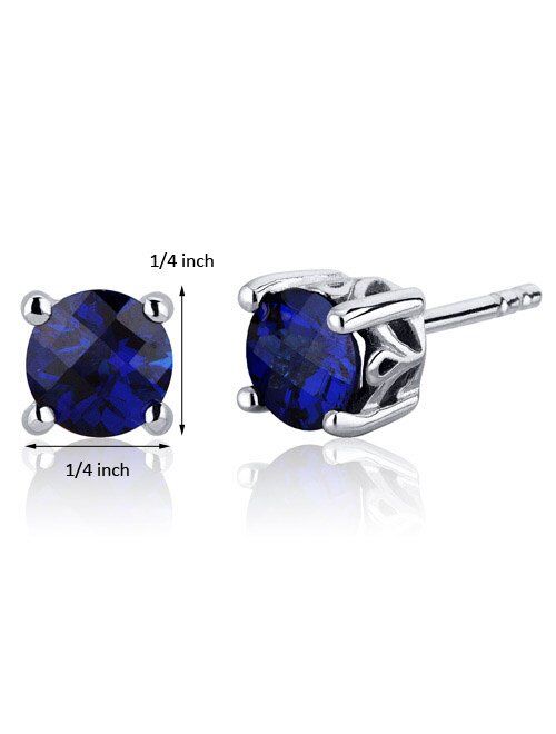 Peora Created Blue Sapphire Stud Earrings 925 Sterling Silver, Solitaire Scroll Gallery, 2 Carats Total, Round Shape 6mm, Friction Backs