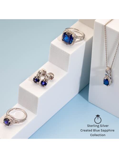 Peora Created Blue Sapphire Stud Earrings 925 Sterling Silver, Solitaire Scroll Gallery, 2 Carats Total, Round Shape 6mm, Friction Backs