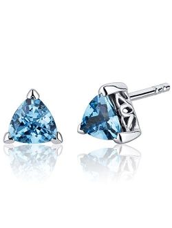 Swiss Blue Topaz Stud Earrings 925 Sterling Silver, Solitaire Scroll Gallery, 1.50 Carats Total Trillion Cut 6mm, Friction Back