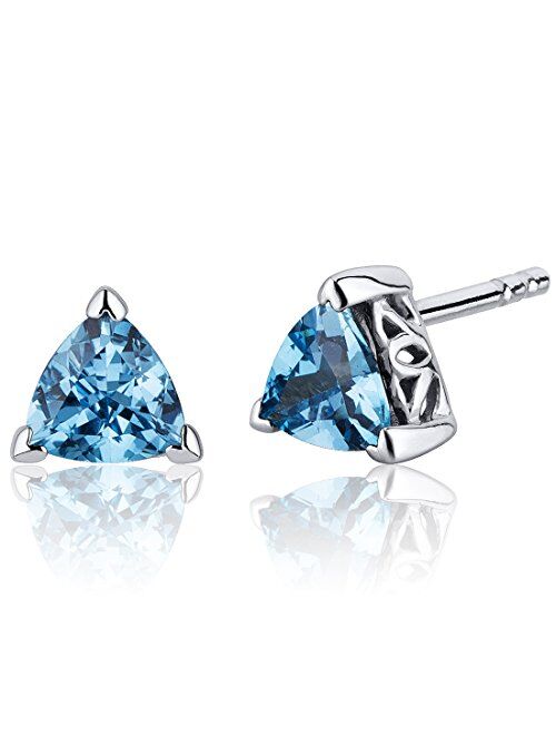 Peora Swiss Blue Topaz Stud Earrings 925 Sterling Silver, Solitaire Scroll Gallery, 1.50 Carats Total Trillion Cut 6mm, Friction Back