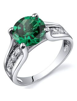 Simulated Emerald Cathedral Ring in Sterling Silver, Solitaire Round Shape, 8mm, 1.75 Carats total, Comfort Fit Sizes 5 to 9