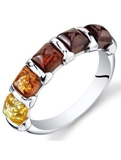 Genuine Baltic Amber Five-Stone Multicolor Half-Eternity Ring Band for Women in Sterling Silver, Comfort Fit, Sizes 5 to 9