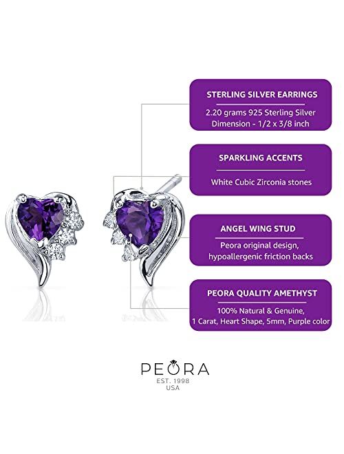 Peora Amethyst Angel Wing Earrings 925 Sterling Silver, 1 Carat Total, Heart Shape, 5mm, Friction Back