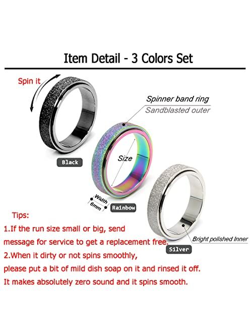 Oreillestar Titanium Stainless Steel Anxiety Ring for Women Men, Size 6-12, Width 6MM, 5-Color: Rose Gold-Rainbow-Silver-Black-Blue, Sand Blasted Finished