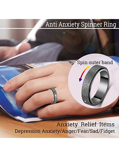 Oreillestar Titanium Stainless Steel Anxiety Ring for Women Men, Size 6-12, Width 6MM, 5-Color: Rose Gold-Rainbow-Silver-Black-Blue, Sand Blasted Finished