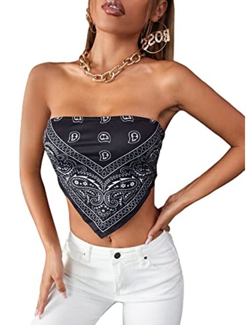 SOLY HUX Women's Paisley Print Tie Back Strapless Tube Bandana Cami Crop Top