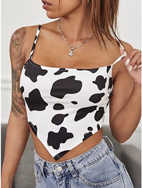 MakeMeChic Women's Cow Print Hanky Hem Cami Sleeveless Bandana Crop Top