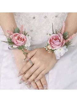 Campsis Set of 2 Wedding Bridal Handmade Flower Wrist Corsage Pink Ribbon Leaves Bride Wristlet Bridal Bridesmaid Hand Flower Prom Party Beach Photography