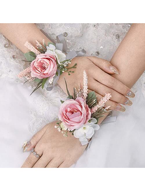 Campsis Set of 2 Wedding Bridal Handmade Flower Wrist Corsage Pink Ribbon Leaves Bride Wristlet Bridal Bridesmaid Hand Flower Prom Party Beach Photography