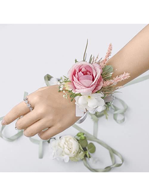 Campsis Set of 2 Wedding Bridal Handmade Flower Wrist Corsage Pink Ribbon Leaves Bride Wristlet Bridal Bridesmaid Hand Flower Prom Party Beach Photography