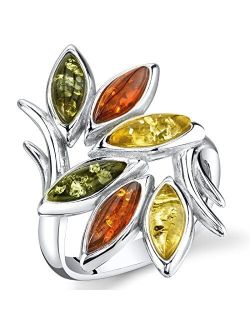 Genuine Multicolor Baltic Amber Leaf Branch Ring for Women 925 Sterling Silver, Rich Cognac, Olive Green, Honey Yellow, Sizes 5 to 9