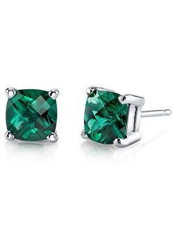 Created Emerald Stud Earrings for Women in 14Kt White Gold, Classic Solitaire, Cushion Cut 6mm, 1.75 Carats total, Friction Back