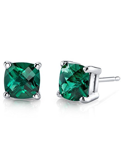 Peora Created Emerald Stud Earrings for Women in 14Kt White Gold, Classic Solitaire, Cushion Cut 6mm, 1.75 Carats total, Friction Back