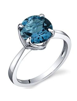 London Blue Topaz Elegant Solitaire Ring for Women 925 Sterling Silver, Natural Gemstone, 2.25 Carats Round Shape 8mm, Sizes 5 to 9