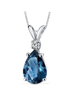 London Blue Topaz with Diamond Pendant for Women 14K White Gold, Natural Gemstone Birthstone Teardrop Solitaire, Pear Shape, 10x7mm, 2 Carats total
