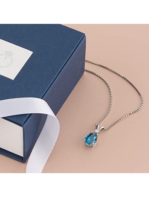 Peora London Blue Topaz with Diamond Pendant for Women 14K White Gold, Natural Gemstone Birthstone Teardrop Solitaire, Pear Shape, 10x7mm, 2 Carats total
