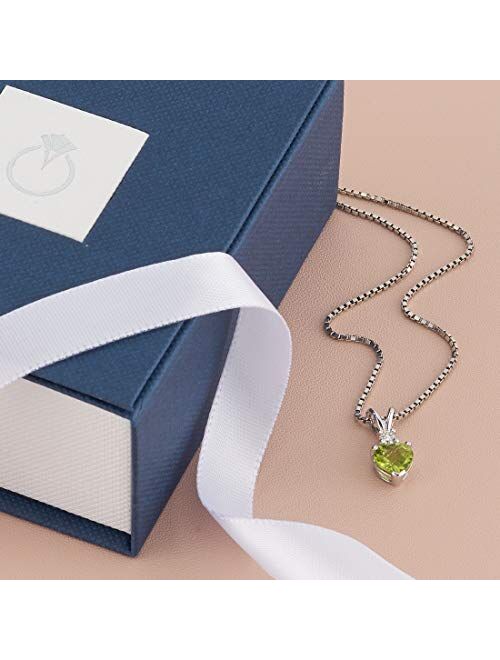 Peora 14K White Gold Peridot and Diamond Pendant for Women, Genuine Gemstone Birthstone, Heart Shape Solitaire, 6mm, 1 Carat total
