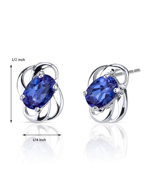 Peora Created Blue Sapphire Earrings for Women 925 Sterling Silver, 2 Carats Total Oval Shape 7x5mm, Friction Backs