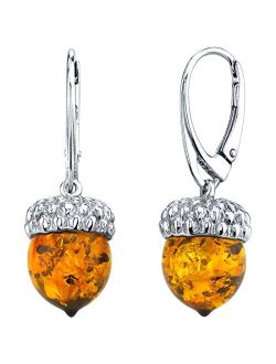 Genuine Baltic Amber Acorn Pendant Necklace and Earrings for Women 925 Sterling Silver, Rich Cognac Color