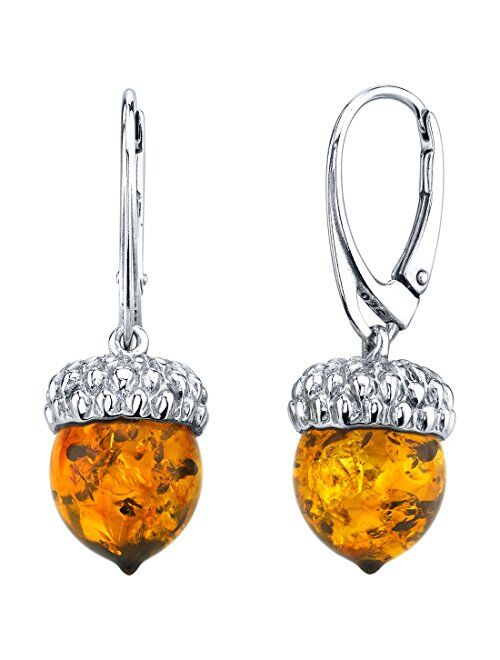 Peora Genuine Baltic Amber Acorn Pendant Necklace and Earrings for Women 925 Sterling Silver, Rich Cognac Color