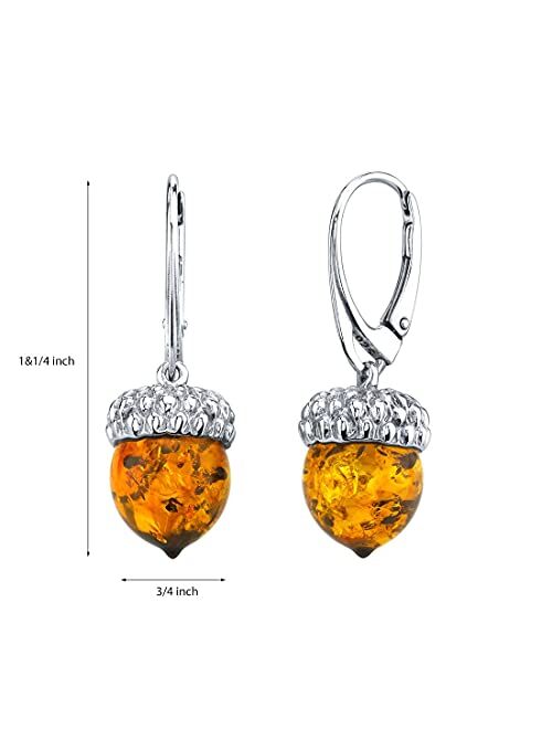 Peora Genuine Baltic Amber Acorn Pendant Necklace and Earrings for Women 925 Sterling Silver, Rich Cognac Color