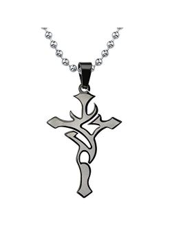 Stainless Steel Tribal Cross Pendant for Men with Black Enamel, Unique Two-Tone Design with Stainless Steel Ball Chain