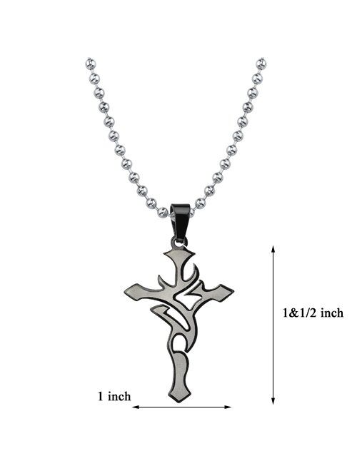Peora Stainless Steel Tribal Cross Pendant for Men with Black Enamel, Unique Two-Tone Design with Stainless Steel Ball Chain