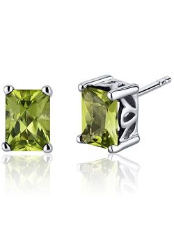 Peridot Sterling Silver Stud Earrings for Women, Scroll Design, 2 Carats total Radiant Cut 7x5mm