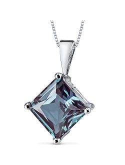 Created Alexandrite Pendant for Women 14K White Gold, Classic Solitaire, Color-Changing 3 Carats Princess Cut, 8mm