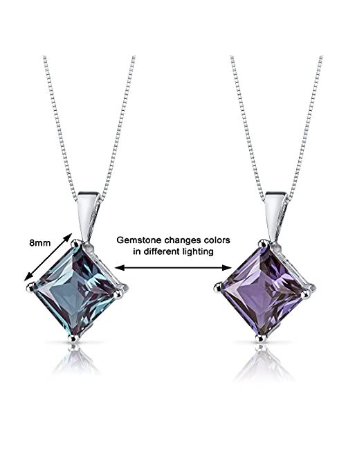 Peora Created Alexandrite Pendant for Women 14K White Gold, Classic Solitaire, Color-Changing 3 Carats Princess Cut, 8mm