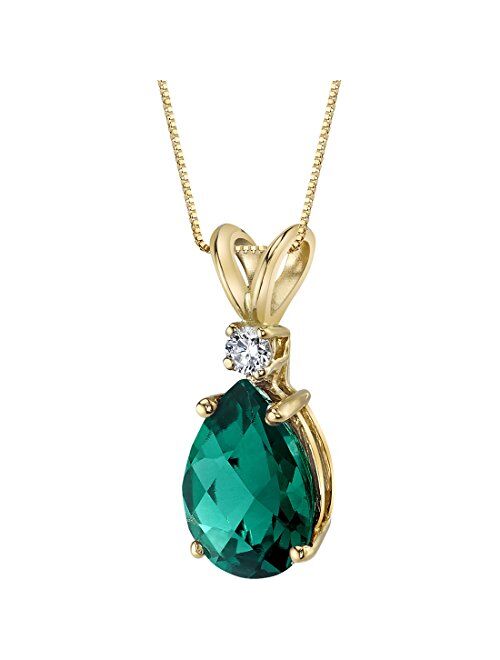 Peora Created Emerald with Genuine Diamond Pendant for Women 14K Yellow Gold, Elegant Teardrop Solitaire, Pear Shape, 10x7mm, 1.75 Carats total