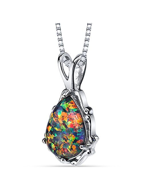 Peora Created Black Fire Opal Vintage Teardrop Solitaire Pendant Necklace for Women 925 Sterling Silver, 1 Carat Pear Shape 10x7mm, with 18 inch Chain