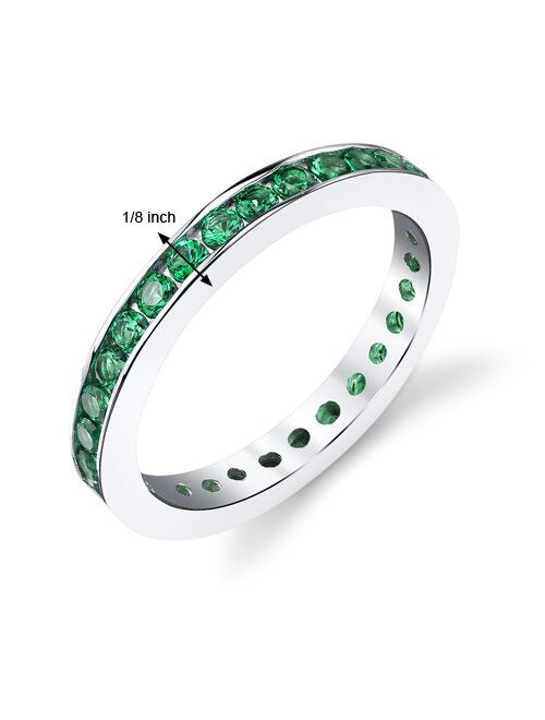Peora Simulated Emerald Eternity Ring Band for Women 925 Sterling Silver, 1.50 Carats total Round Shape, 3mm width, Sizes 5 to 9