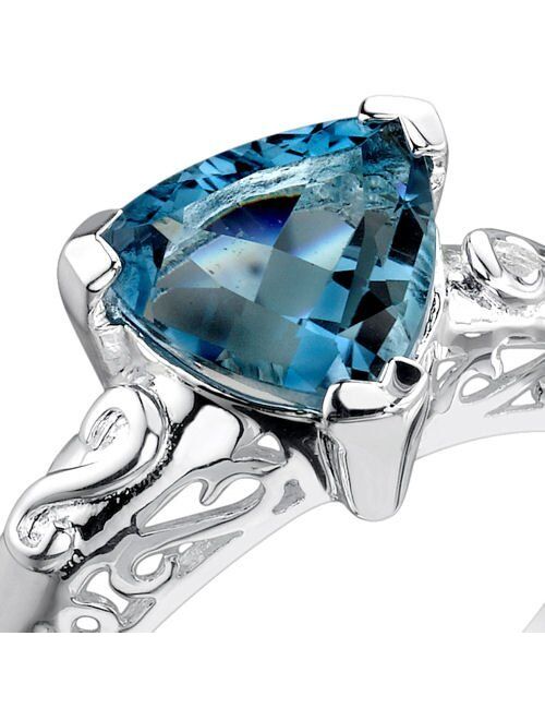 Peora London Blue Topaz Scroll Gallery Solitaire Ring for Women 925 Sterling Silver, Natural Gemstone Birthstone, 2 Carat Trillion Shape 8mm, Sizes 5 to 9