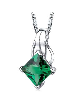 Simulated Emerald Signature Solitaire Pendant Necklace for Women 925 Sterling Silver, 2 Carats Princess Cut 9mm, with 18 inch Chain