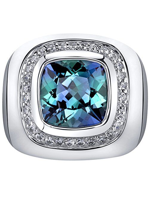 Peora Men's Simulated Alexandrite Signet Ring 925 Sterling Silver, Color-Changing Large 7 Carats Cushion Cut 11mm, Sizes 8 to 13