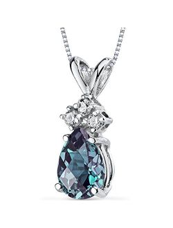 Created Alexandrite with Genuine Diamonds Pendant for Women 14K White Gold, Dainty Teardrop Solitaire, Color-Changing Pear Shape, 7x5mm, 1 Carat total
