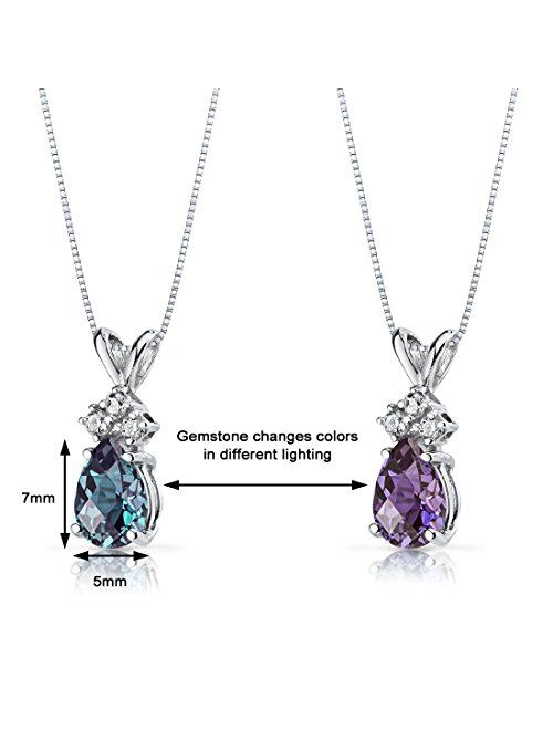 Peora Created Alexandrite with Genuine Diamonds Pendant for Women 14K White Gold, Dainty Teardrop Solitaire, Color-Changing Pear Shape, 7x5mm, 1 Carat total
