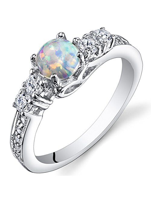 Peora Created White Fire Opal Ring 925 Sterling Silver, Sweetheart Solitaire, Round Shape Cabochon, Comfort Fit, Sizes 5 to 9