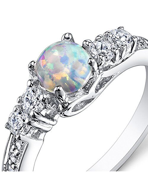 Peora Created White Fire Opal Ring 925 Sterling Silver, Sweetheart Solitaire, Round Shape Cabochon, Comfort Fit, Sizes 5 to 9