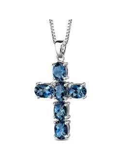 London Blue Topaz Cross Pendant Necklace for Women 925 Sterling Silver, December Birthstone, 6 Carats total Oval Shape, with 18 inch Chain