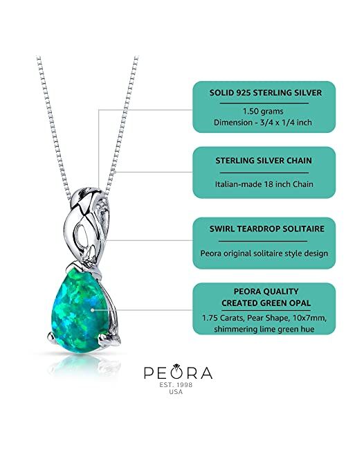 Peora Created Green Opal Pendant Necklace 925 Sterling Silver, Elegant Teardrop Solitaire, 1.75 Carats Pear Shape 10x7mm with 18 inch Chain