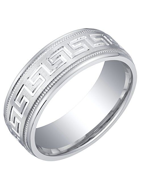 Peora Men's 7mm Solid 925 Sterling Silver Greek Key Milgrain Wedding Ring Band, Brushed Matte, Comfort Fit Sizes 8 to 16