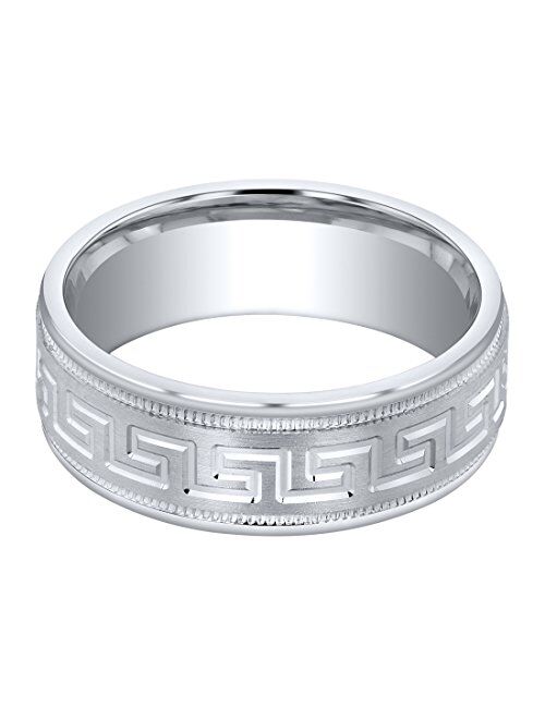 Peora Men's 7mm Solid 925 Sterling Silver Greek Key Milgrain Wedding Ring Band, Brushed Matte, Comfort Fit Sizes 8 to 16