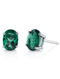 Solid 14k White Gold Created Emerald Earrings for Women, Hypoallergenic Solitaire Studs, 7x5mm Oval Shape, 1.50 Carats total, Friction Back