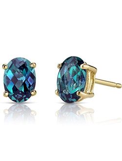 Solid 14K Yellow Gold Created Alexandrite Earrings for Women, Color Change Classic Solitaire Studs, 7x5mm Oval Shape, 2 Carats total, Friction Back