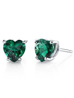 Solid 14K White Gold Created Emerald Heart Stud Earrings for Women, Classic Solitaire Studs, 6mm, 1.50 Carats total, Friction Back