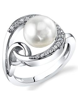 Freshwater Cultured White Pearl Halo Knot Ring in Sterling Silver, 8.5mm Round Button Shape, Comfort Fit, Sizes 5 to 9