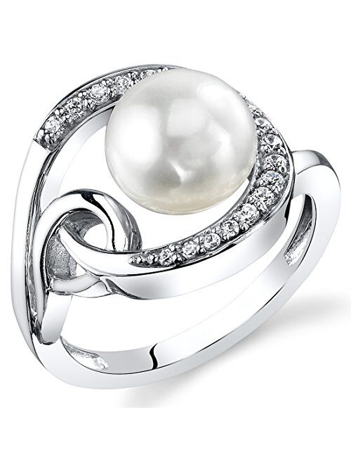 Peora Freshwater Cultured White Pearl Halo Knot Ring in Sterling Silver, 8.5mm Round Button Shape, Comfort Fit, Sizes 5 to 9