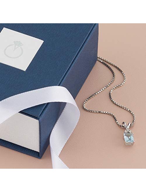 Peora Solid 14K White Gold Aquamarine with Diamond Pendant for Women, Genuine Gemstone Birthstone Solitaire, Radiant Cut, 7x5mm